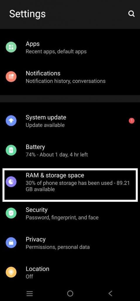 Ram and Storage Space in Settings