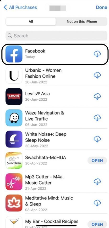 Facebook option in the list of apps