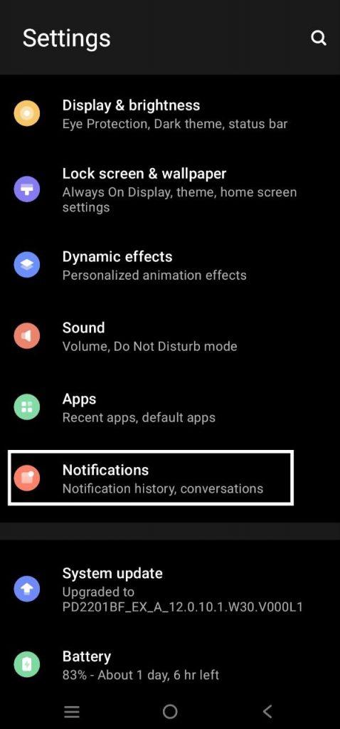 Notification option in settings