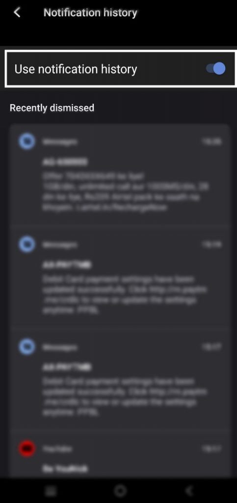 Use Notification History toggle option