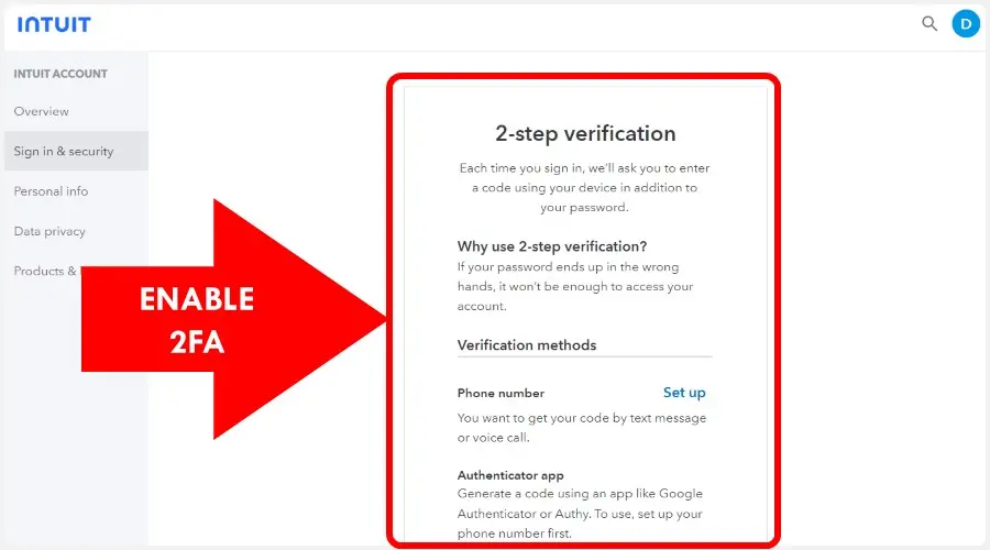 Enable two-step verification on QuickBooks Online.