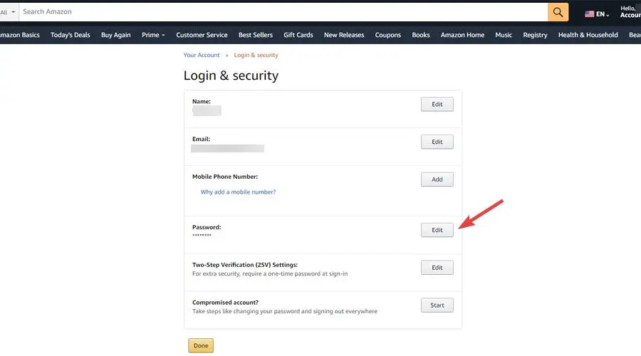 Amazon edit password button