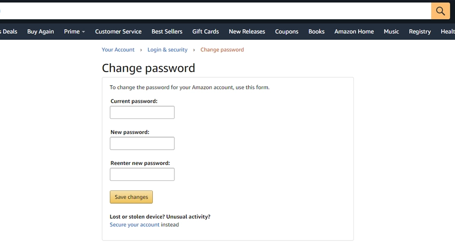 Amazon save changes to password