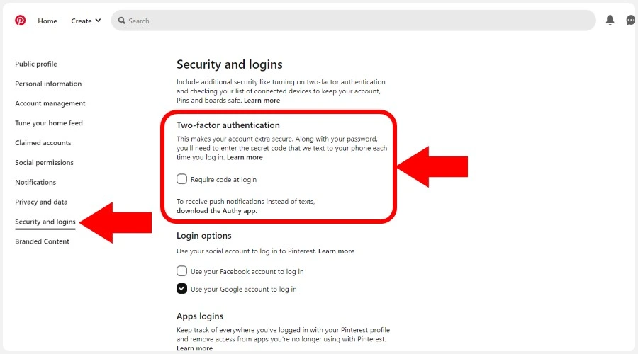 Two-factor authentication on Pinterest