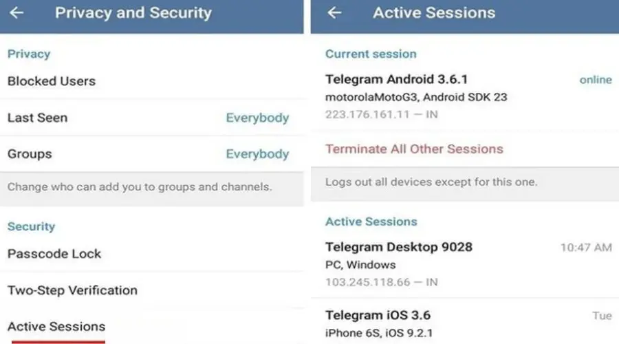 Telegram active sessions