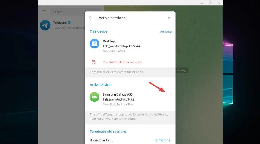 Telegram terminate an active session