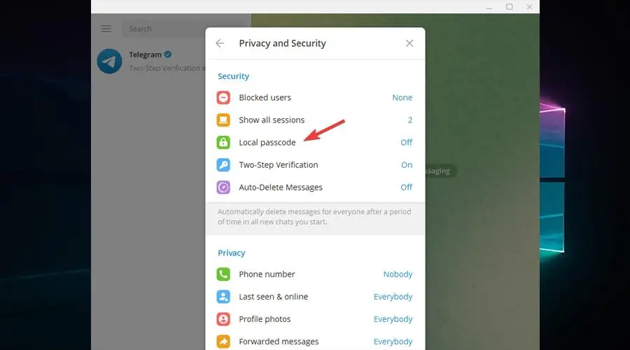 Telegram local passcode