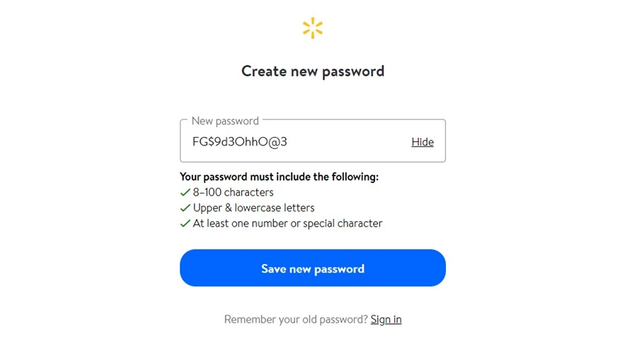 Walmart Create new password