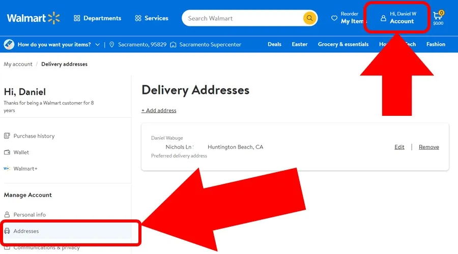 Walmart Delivery Addresses section